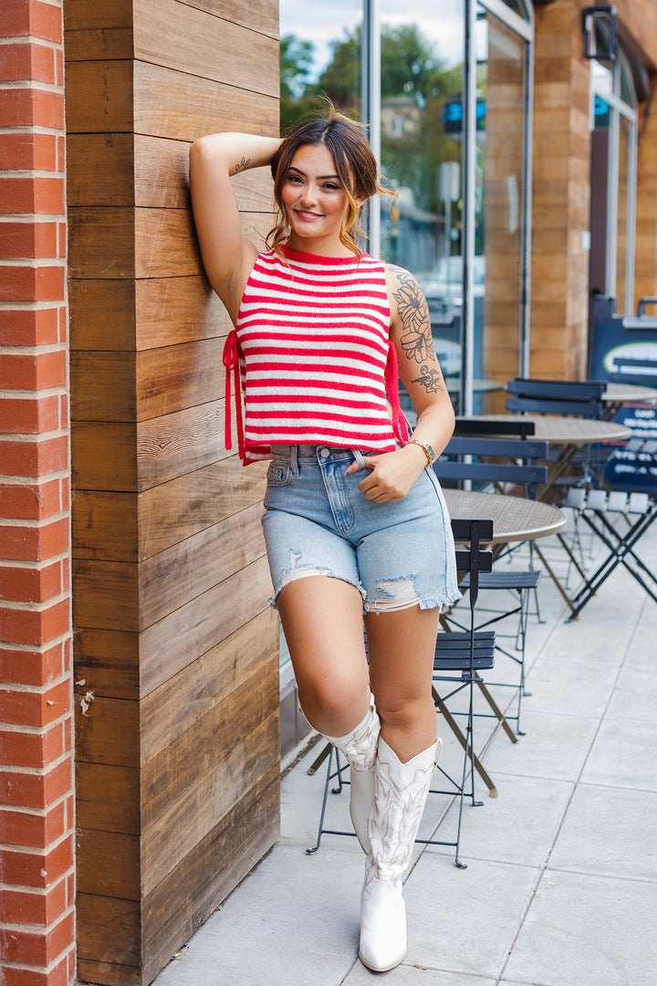 The American Girl Red Striped Side Tie Knit Top