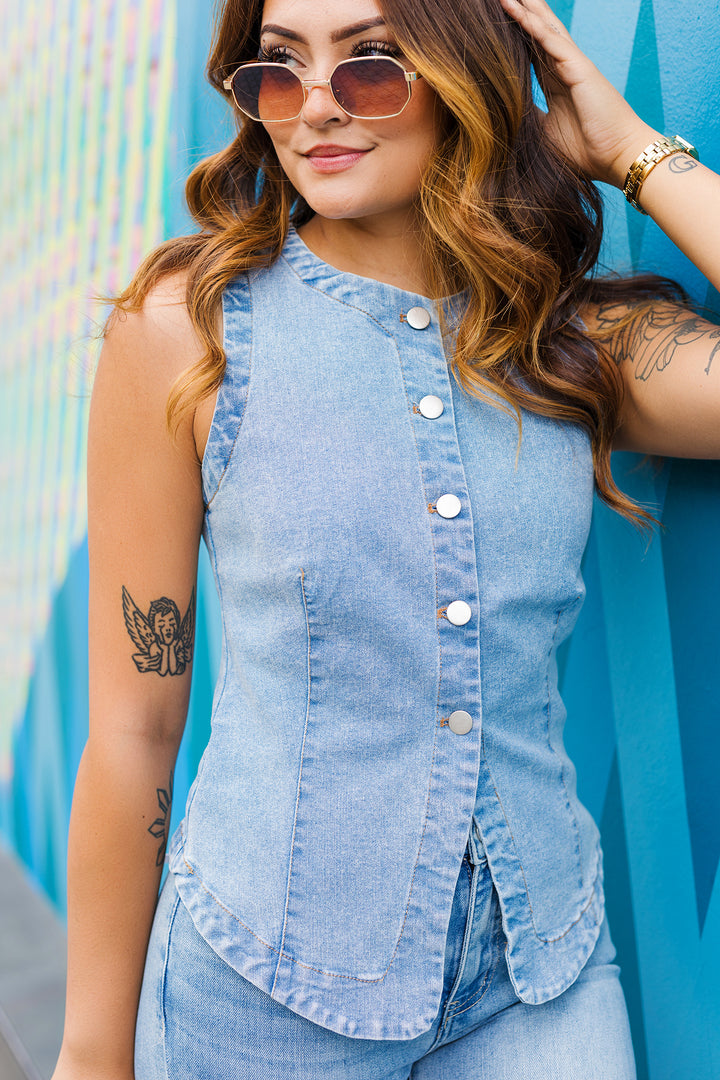The Country Chic Light Wash Denim Vest Top