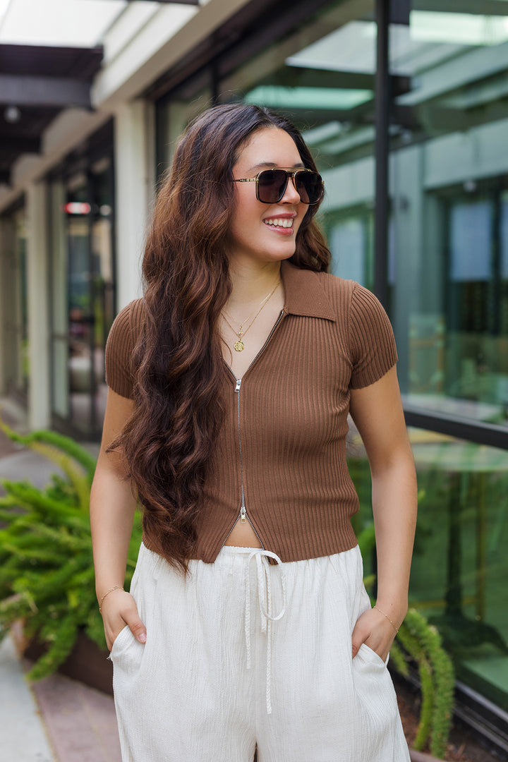 The Round 'Em Up Brown Zip Front Top