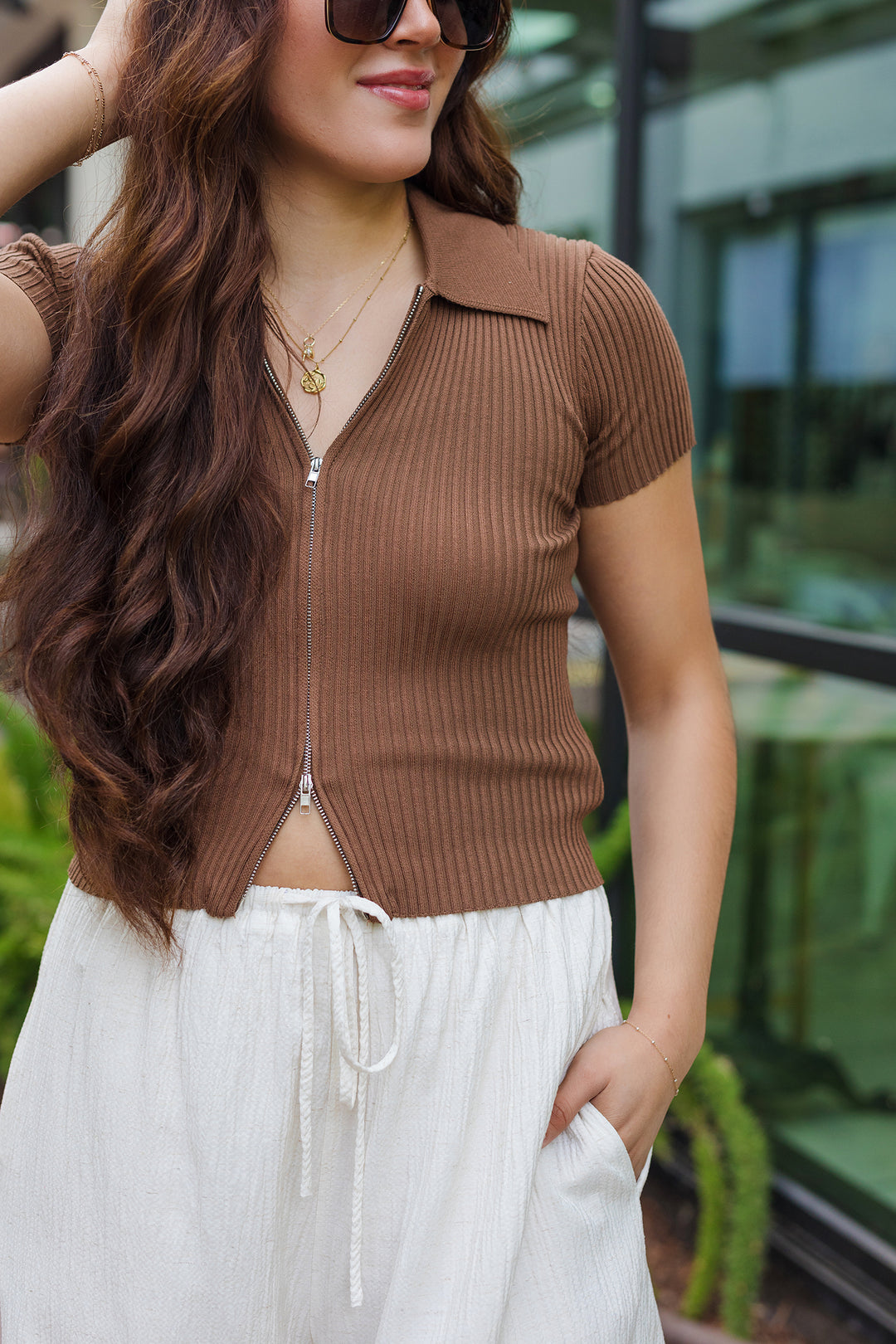 The Round 'Em Up Brown Zip Front Top