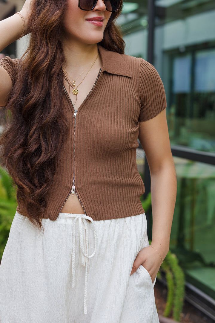The Round 'Em Up Brown Zip Front Top