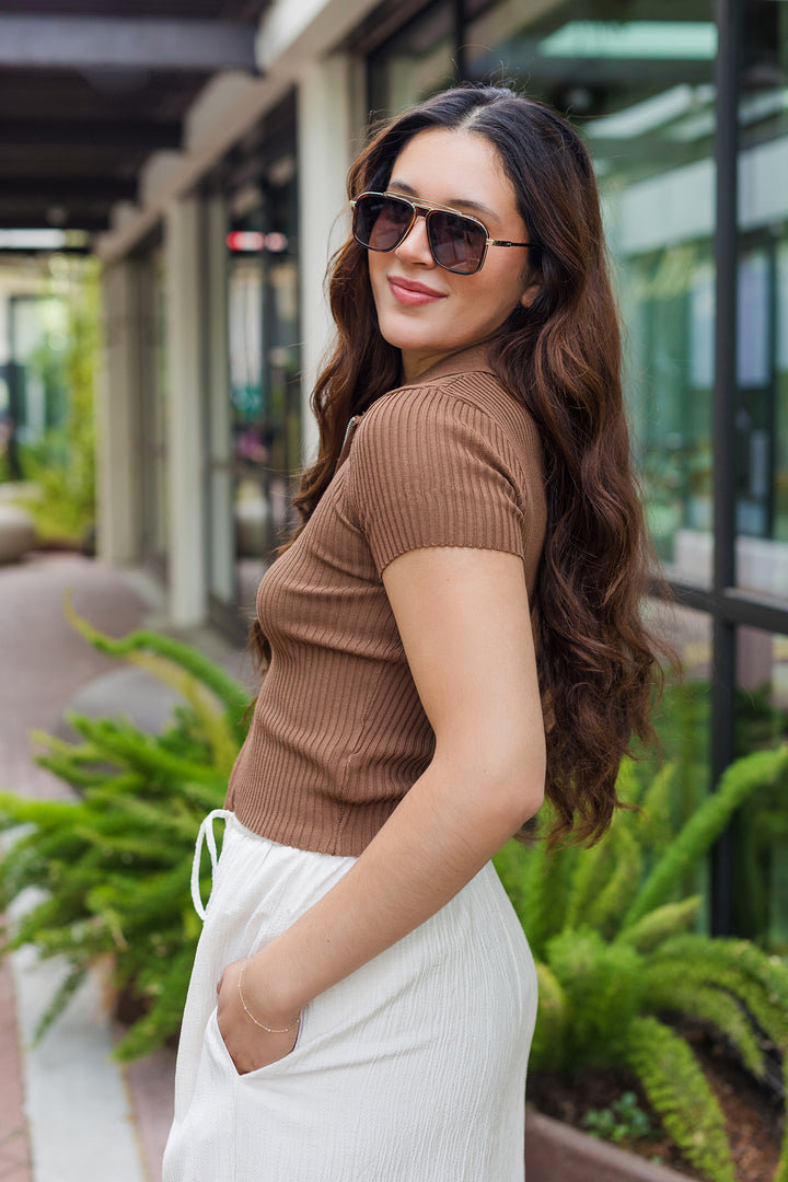 The Round 'Em Up Brown Zip Front Top