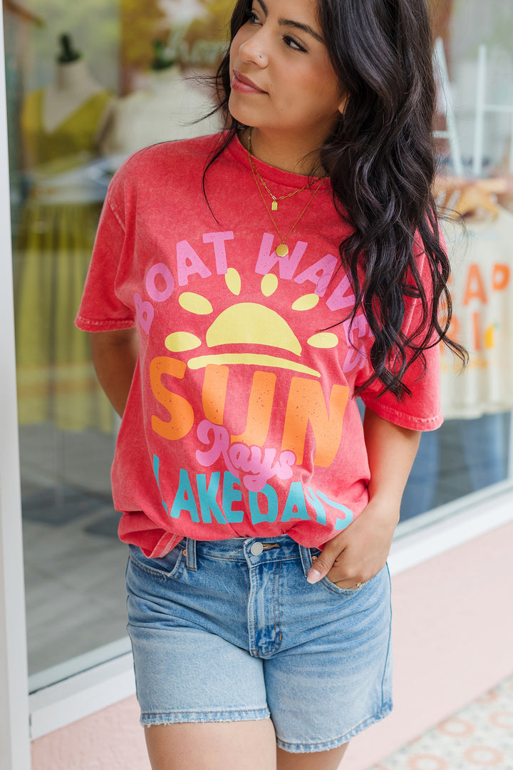The Boat Waves Sun Rays Vintage Red Mineral Graphic Tee