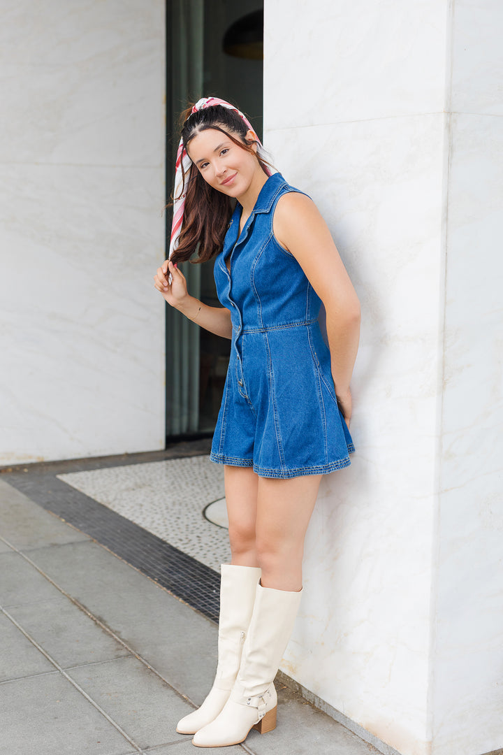 The Time To Roam Dark Wash Denim Romper
