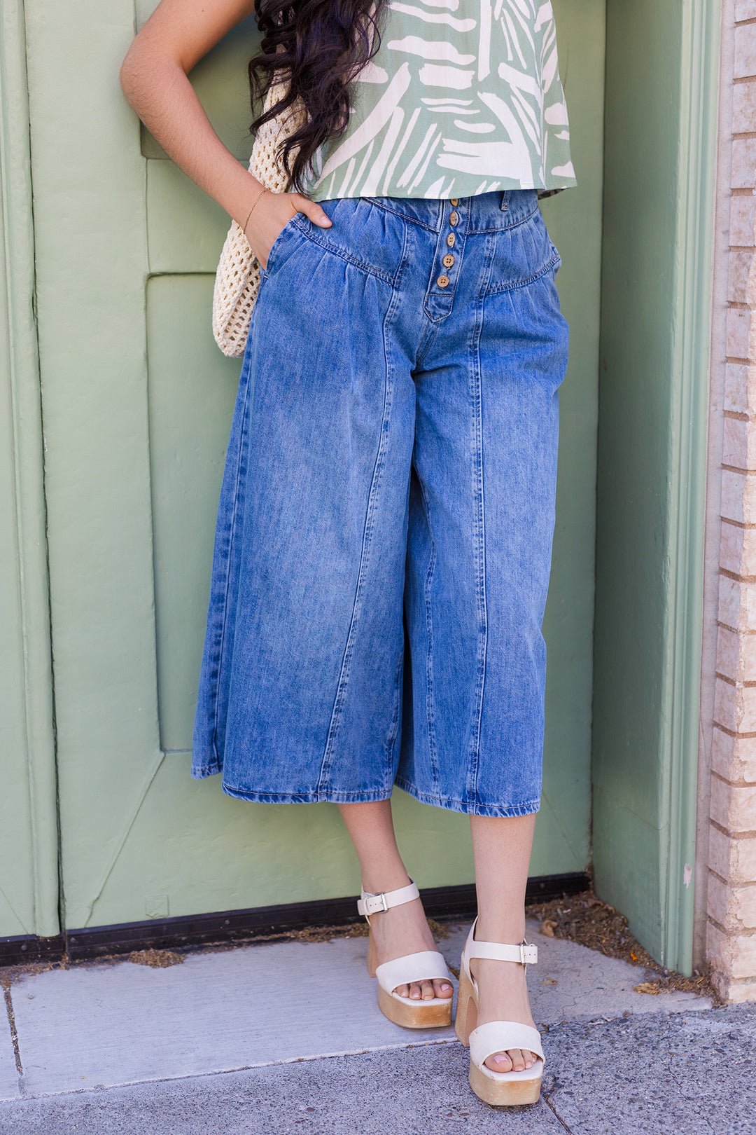 The Greta Stone Washed Cropped Denim Culottes