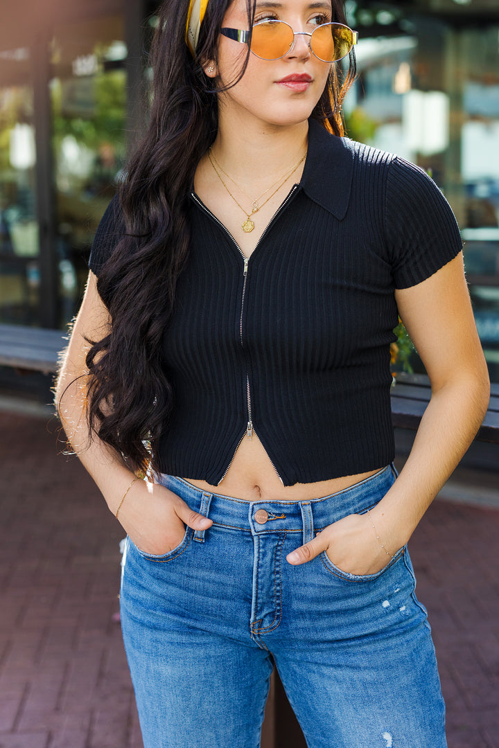 The Round 'Em Up Brown Zip Front Top