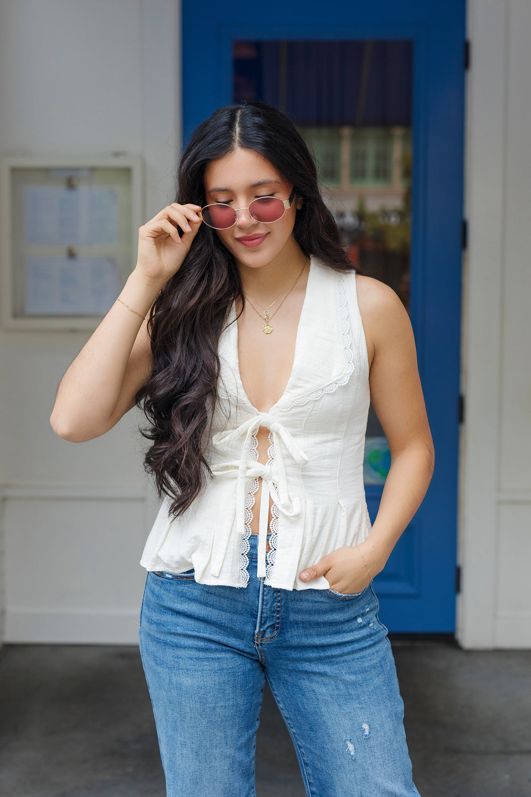 The Summer Romance White Lace Tie Front Blouse