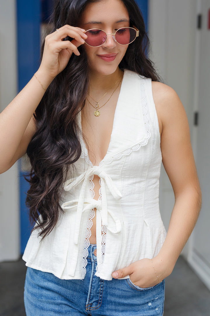 The Summer Romance White Lace Tie Front Blouse