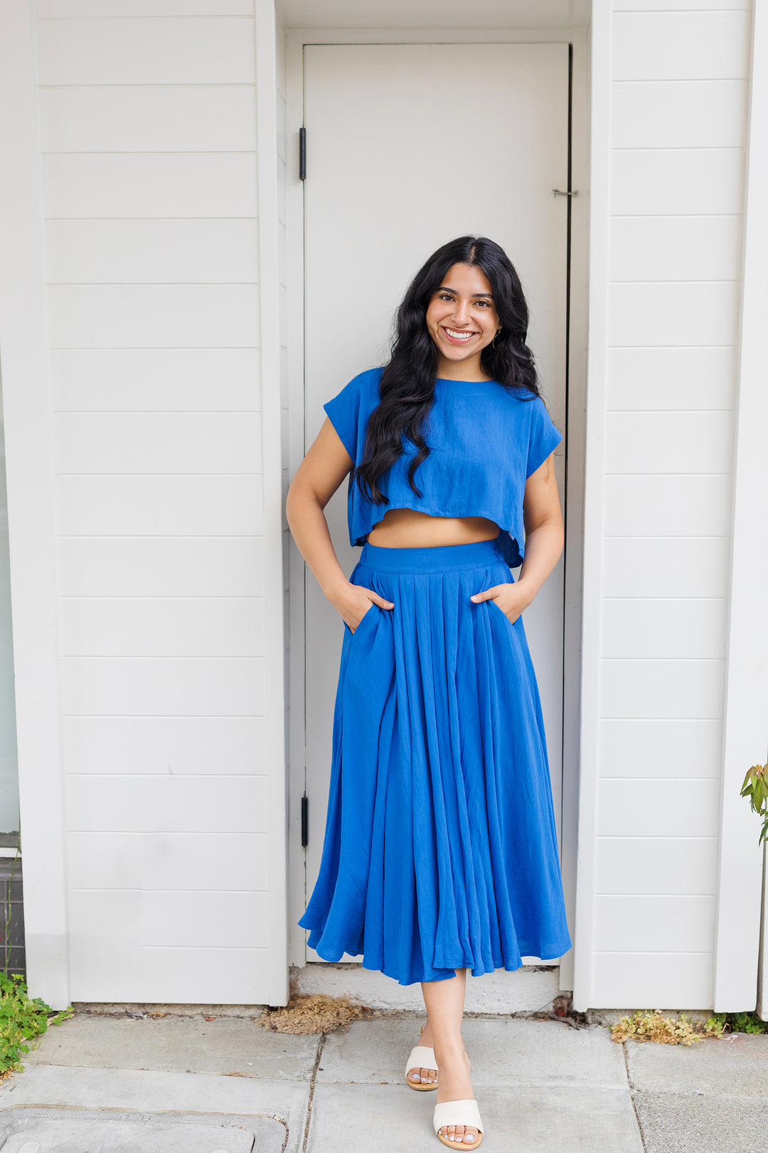 The Cassie Linen Two Piece Top & Midi Skirt Set