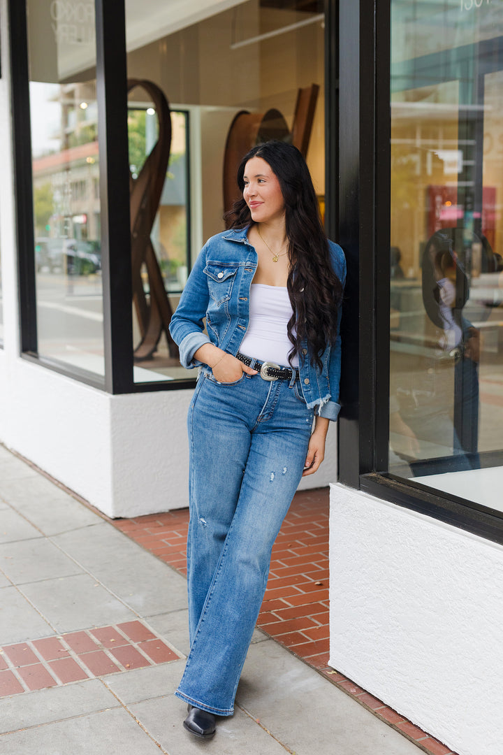 The Just A Girl Medium Wash Frayed Hem Denim Jacket by Risen