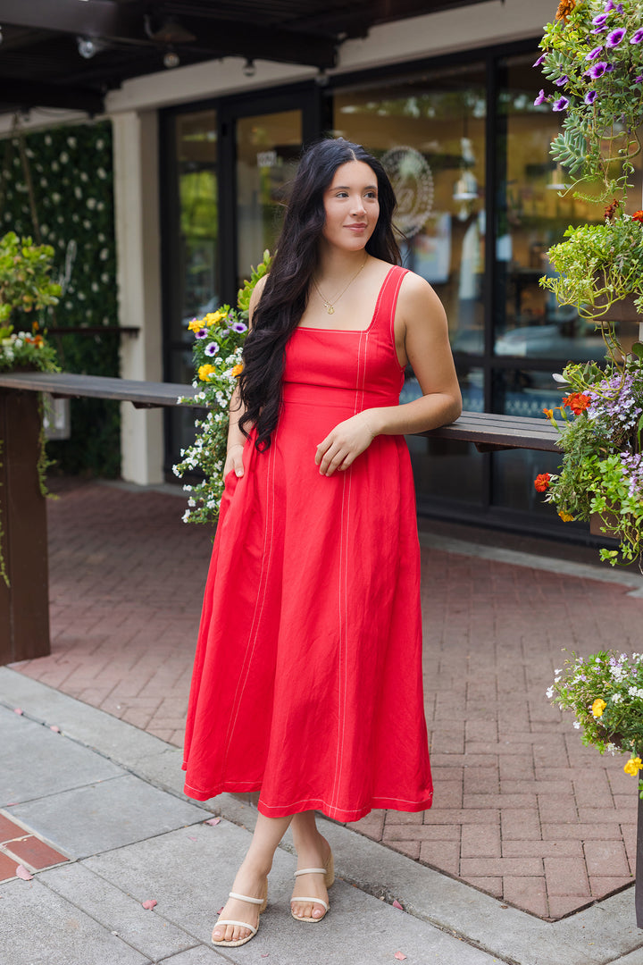 The Miss You More Red Linen Stitched Midi Dress