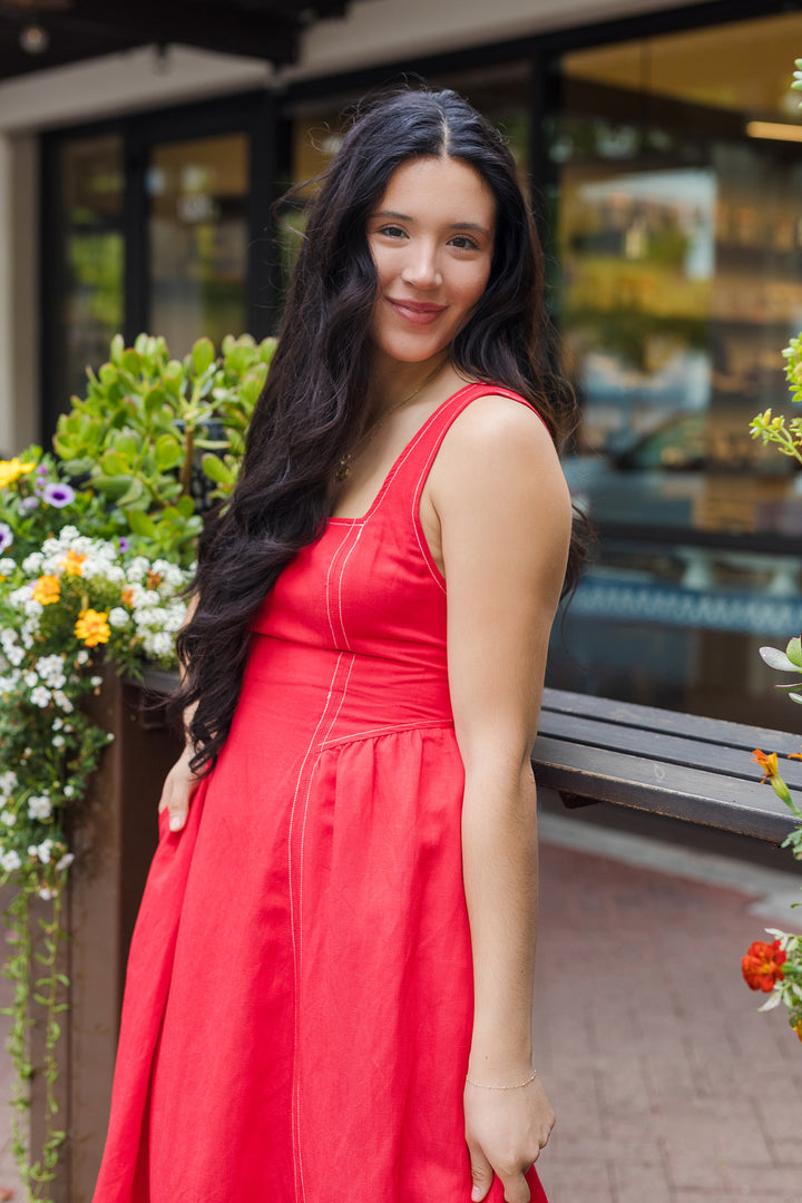 The Miss You More Red Linen Stitched Midi Dress