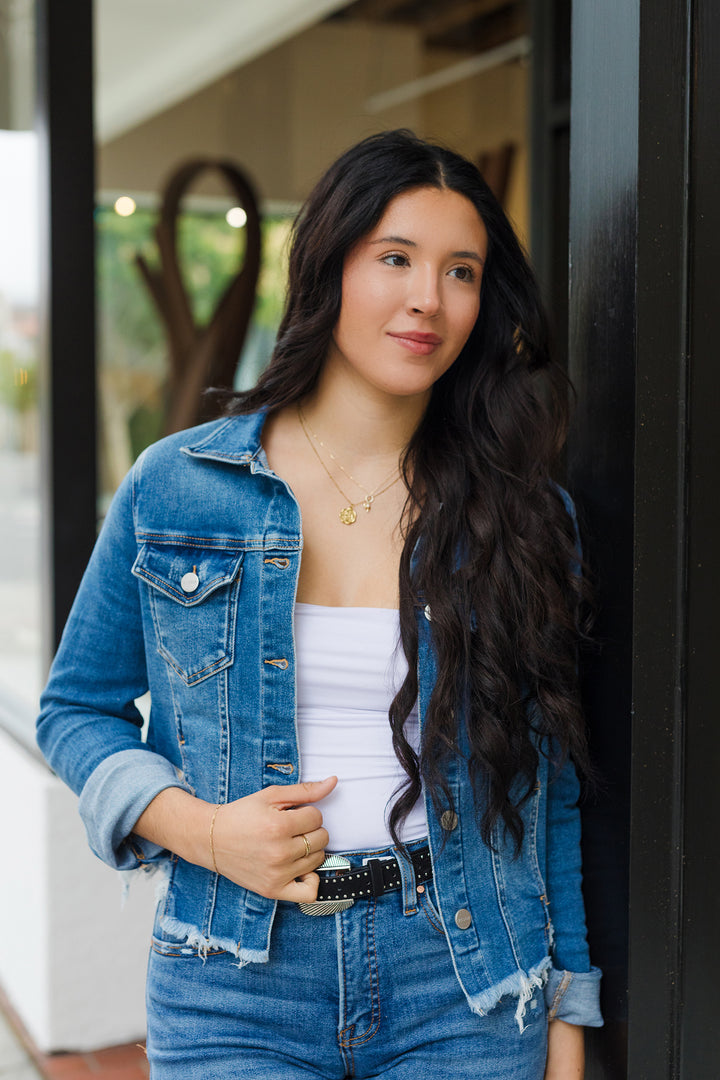 The Just A Girl Medium Wash Frayed Hem Denim Jacket by Risen