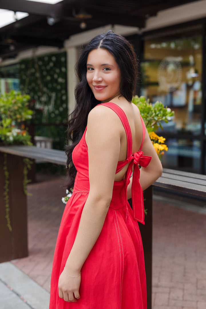 The Miss You More Red Linen Stitched Midi Dress