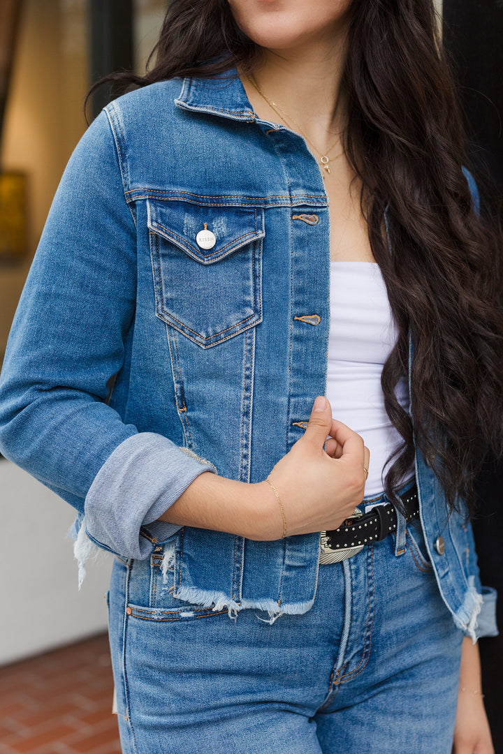 The Just A Girl Medium Wash Frayed Hem Denim Jacket by Risen