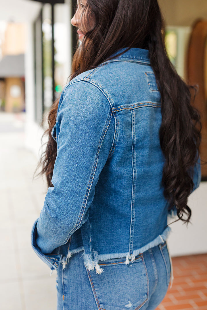 The Just A Girl Medium Wash Frayed Hem Denim Jacket by Risen