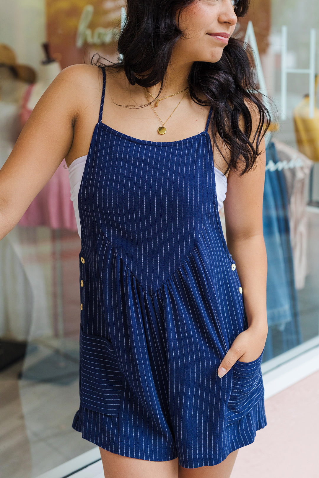 The Be Right Back Navy Striped Linen Romper