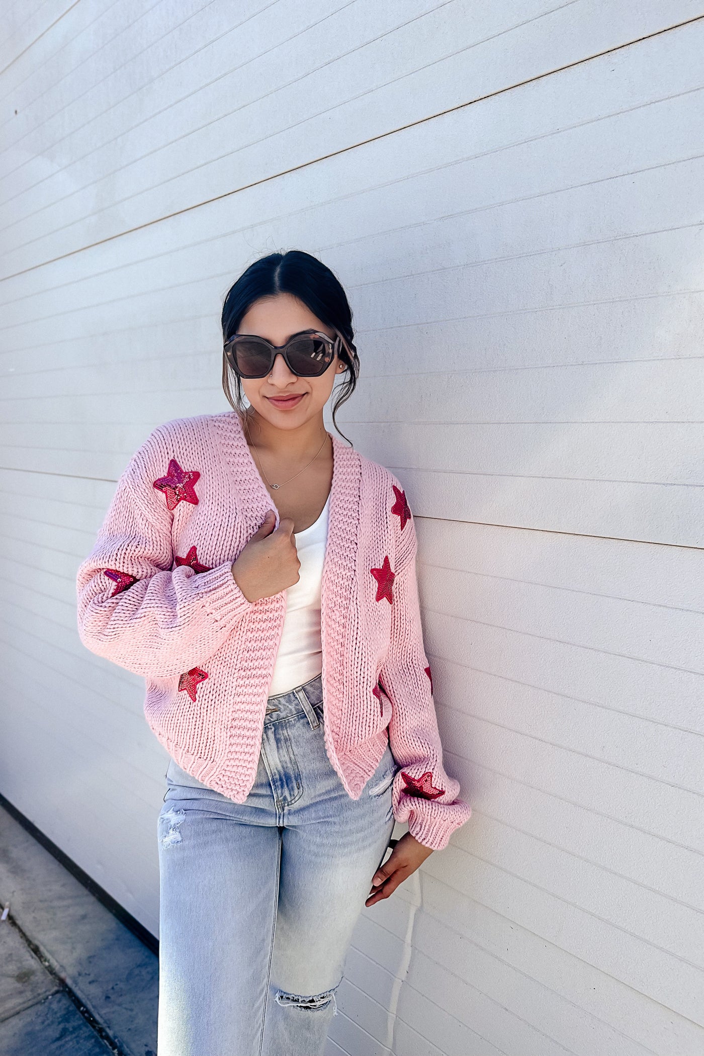 The Sequin Star Pink Patch Sweater Cardigan