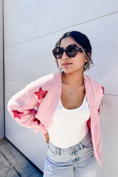 The Sequin Star Pink Patch Sweater Cardigan