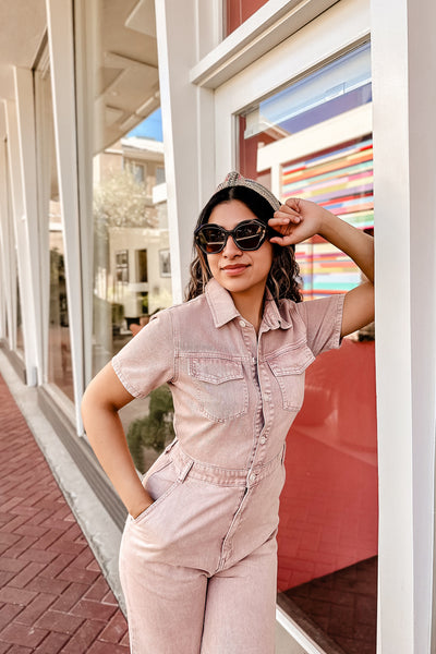 The Adele Dusty Mauve Short Sleeve Denim Jumpsuit