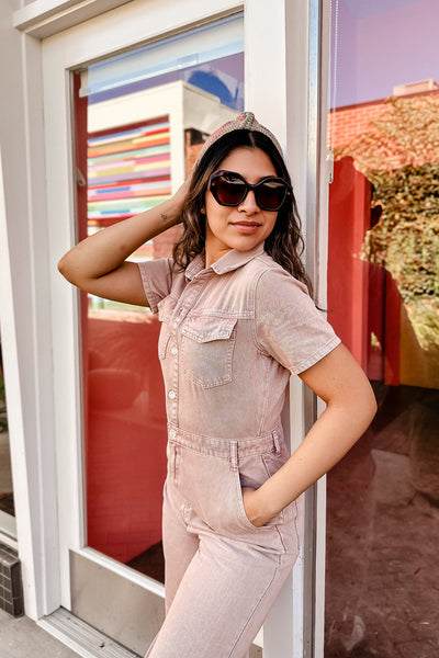 The Adele Dusty Mauve Short Sleeve Denim Jumpsuit