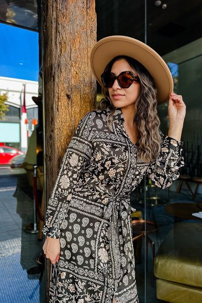 The Leave An Impression Black Patterned Satin Tie Maxi Dress