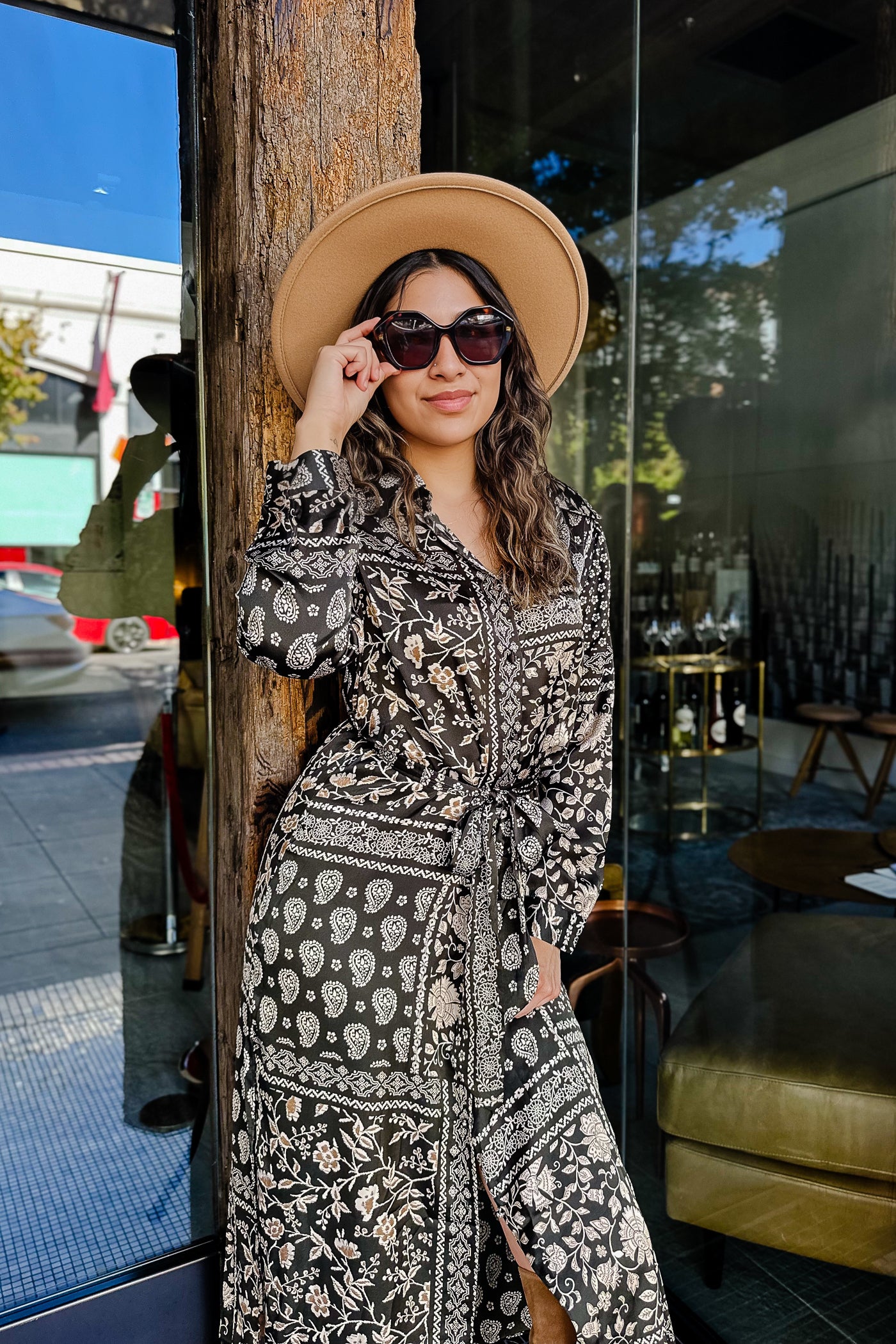 The Leave An Impression Black Patterned Satin Tie Maxi Dress