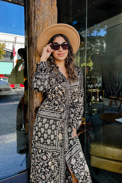 The Leave An Impression Black Patterned Satin Tie Maxi Dress