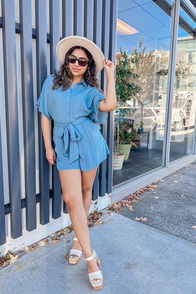 The Breezy Washed Teal Belted Button Up Romper