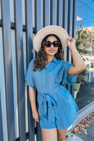 The Breezy Washed Teal Belted Button Up Romper