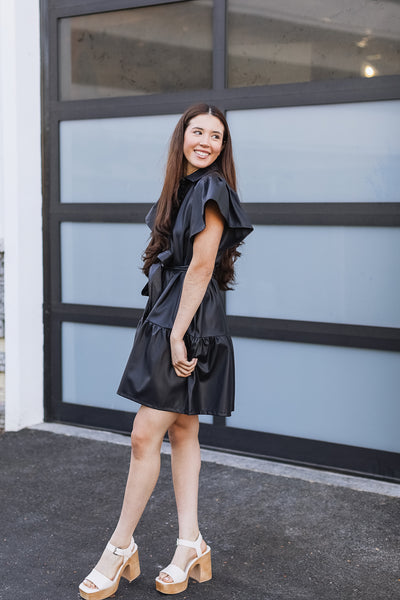 The Shake It Off Black Faux Leather Mini Dress