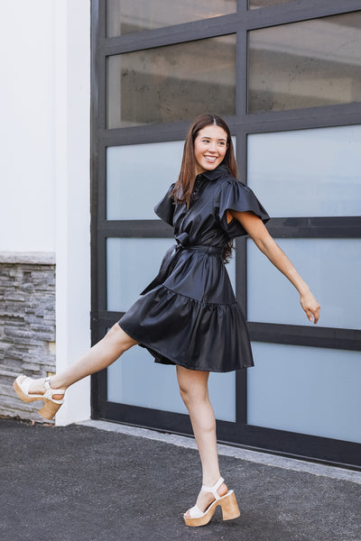 The Shake It Off Black Faux Leather Mini Dress