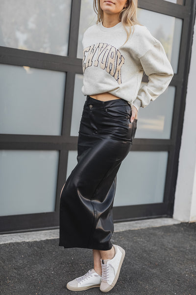 The Gia Black Faux Leather Midi Skirt