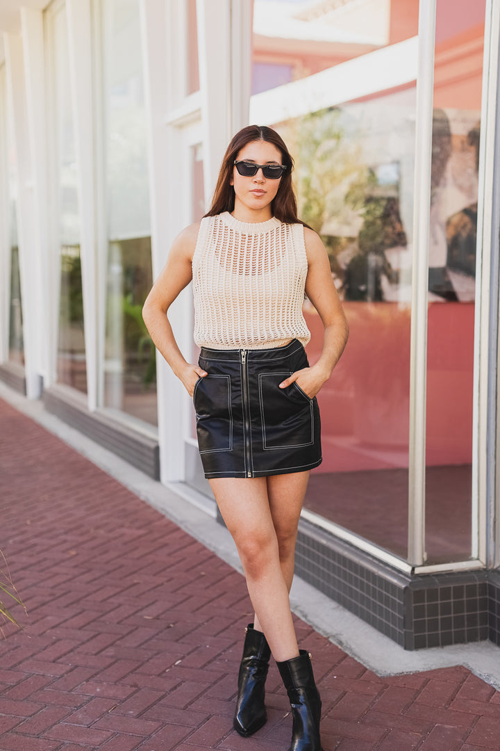 The Top Floor Black Contrast Faux Leather Mini Skirt
