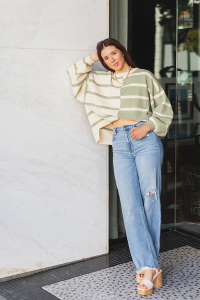 The Wait In Line Sage & Cream Striped Sweater