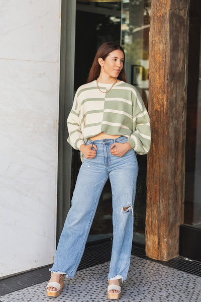 The Wait In Line Sage & Cream Striped Sweater