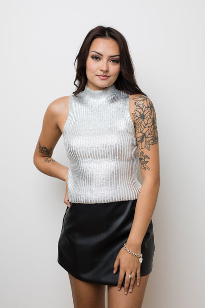 The In A Flash Silver Mock Sleeveless Top