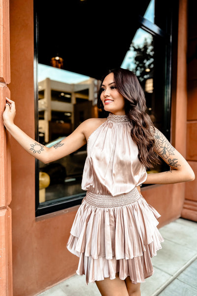 The Time For Me Halter Neck Blush Satin Mini Dress