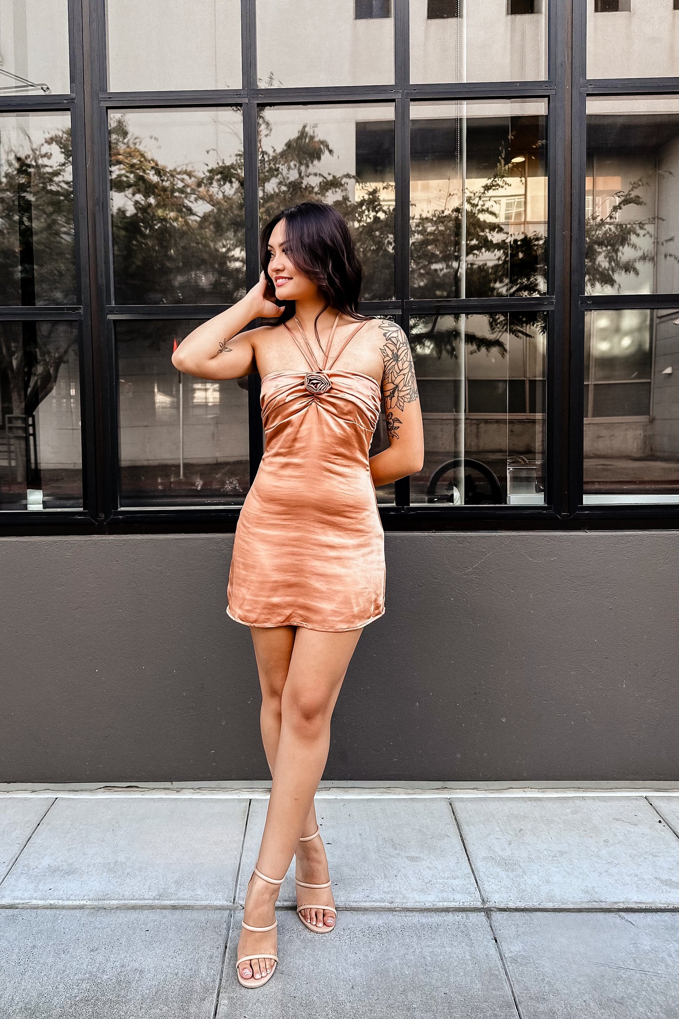 The Rose is a Rose Corsage Detail Cinnamon Satin Mini Dress