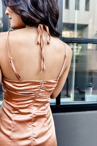 The Rose is a Rose Corsage Detail Cinnamon Satin Mini Dress