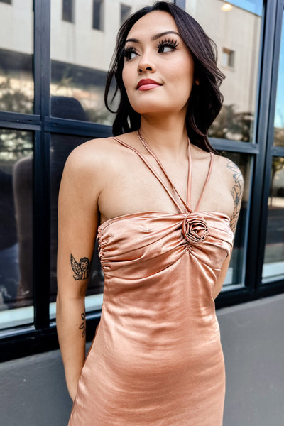 The Rose is a Rose Corsage Detail Cinnamon Satin Mini Dress