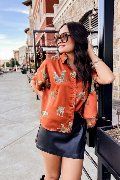 The Saseka Leopard Print Brown Satin Top