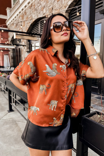 The Saseka Leopard Print Brown Satin Top