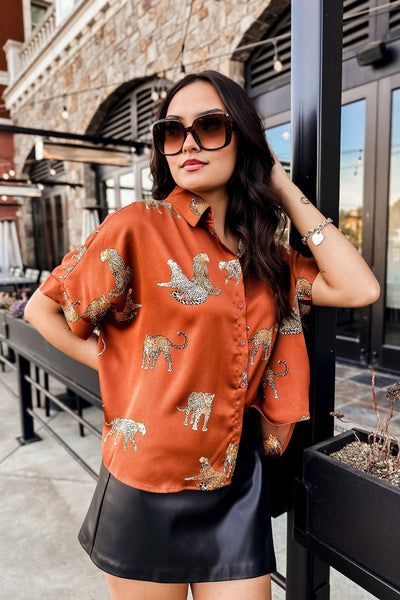 The Saseka Leopard Print Brown Satin Top
