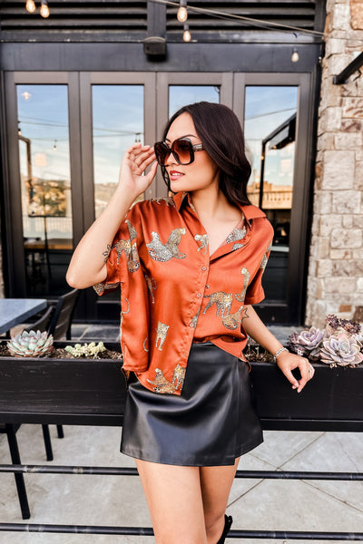 The Saseka Leopard Print Brown Satin Top