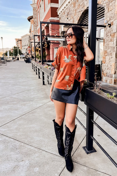 The Saseka Leopard Print Brown Satin Top