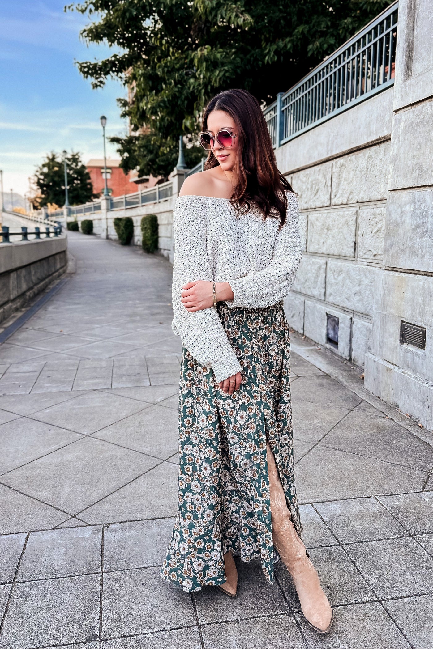 The Meet Me at Midnight Pine Green Floral Print Maxi Skirt