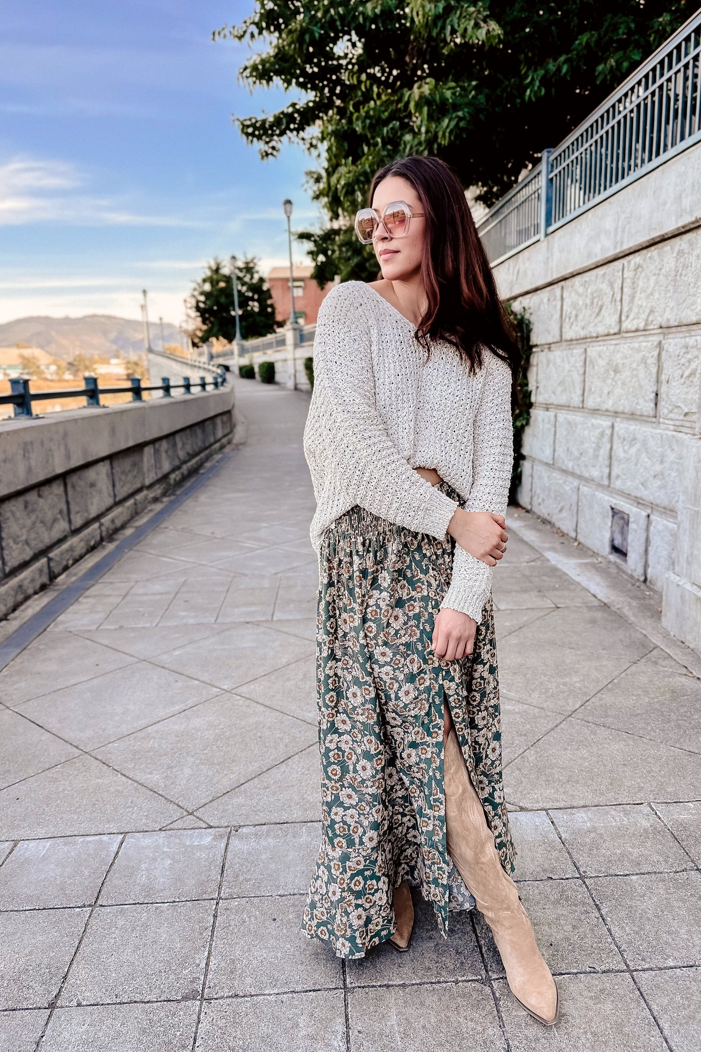 The Meet Me at Midnight Pine Green Floral Print Maxi Skirt