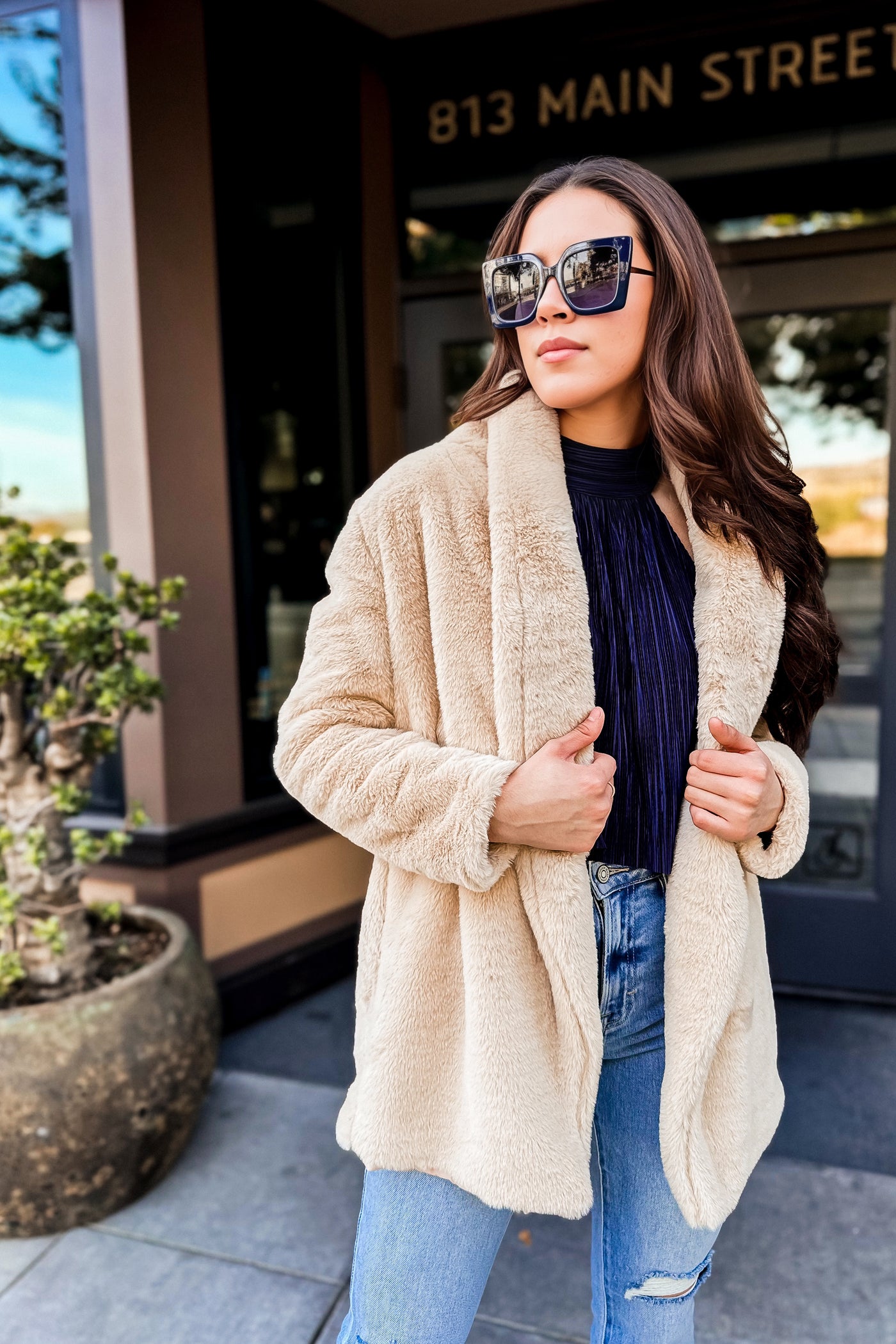 The Chinchilly Almond Faux Fur Open Front Jacket