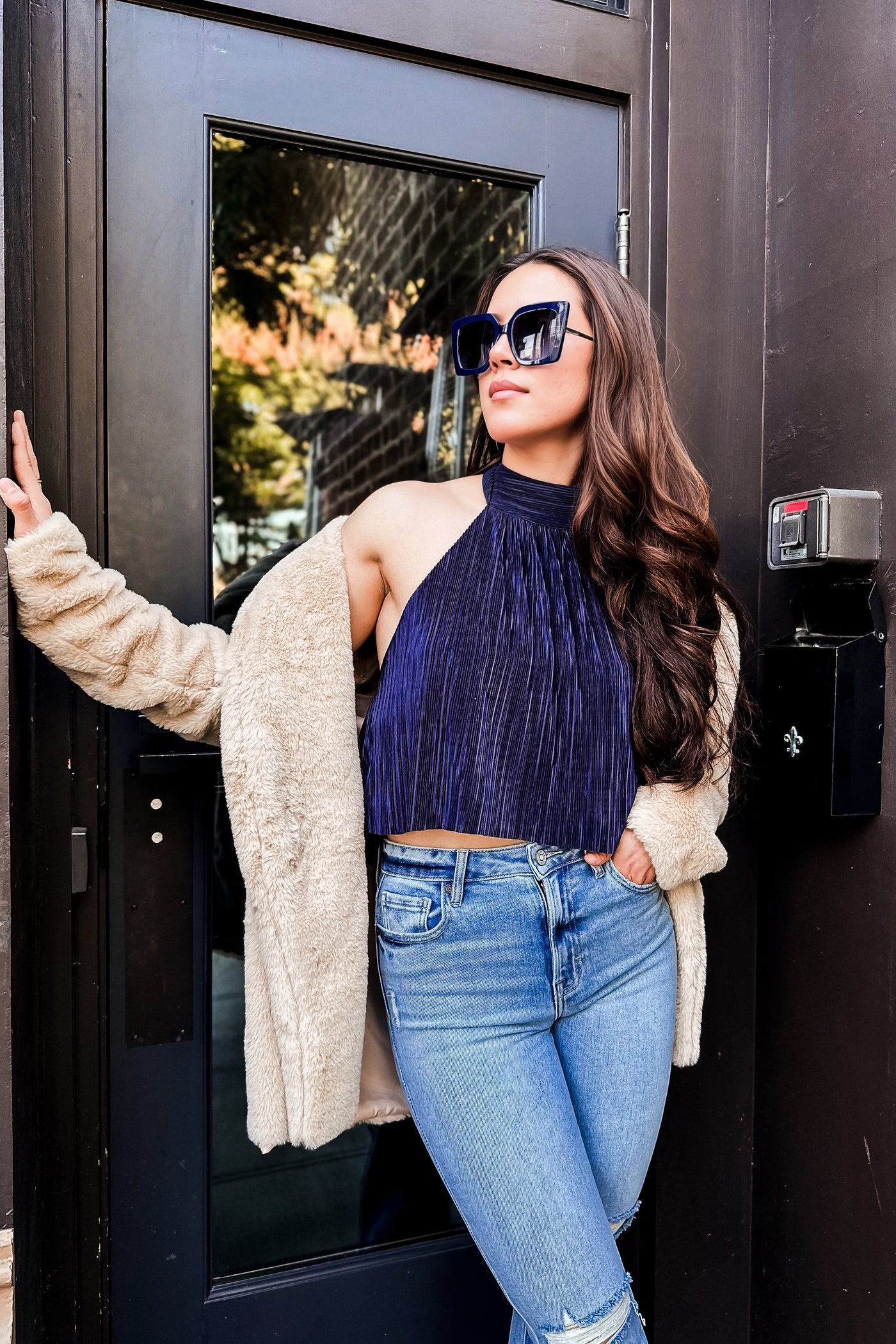 The Shine, Shine, Shine Navy Halter Crop Top